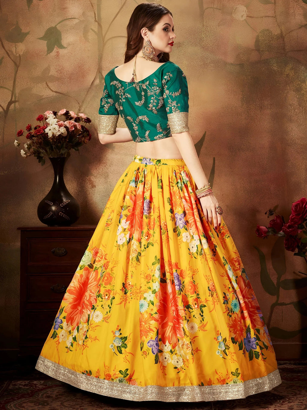 Yellow Floral Digital Printed Organza Bridal Lehenga Choli