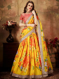 Yellow-Peach Floral Digital Printed Organza Bridal Lehenga Choli