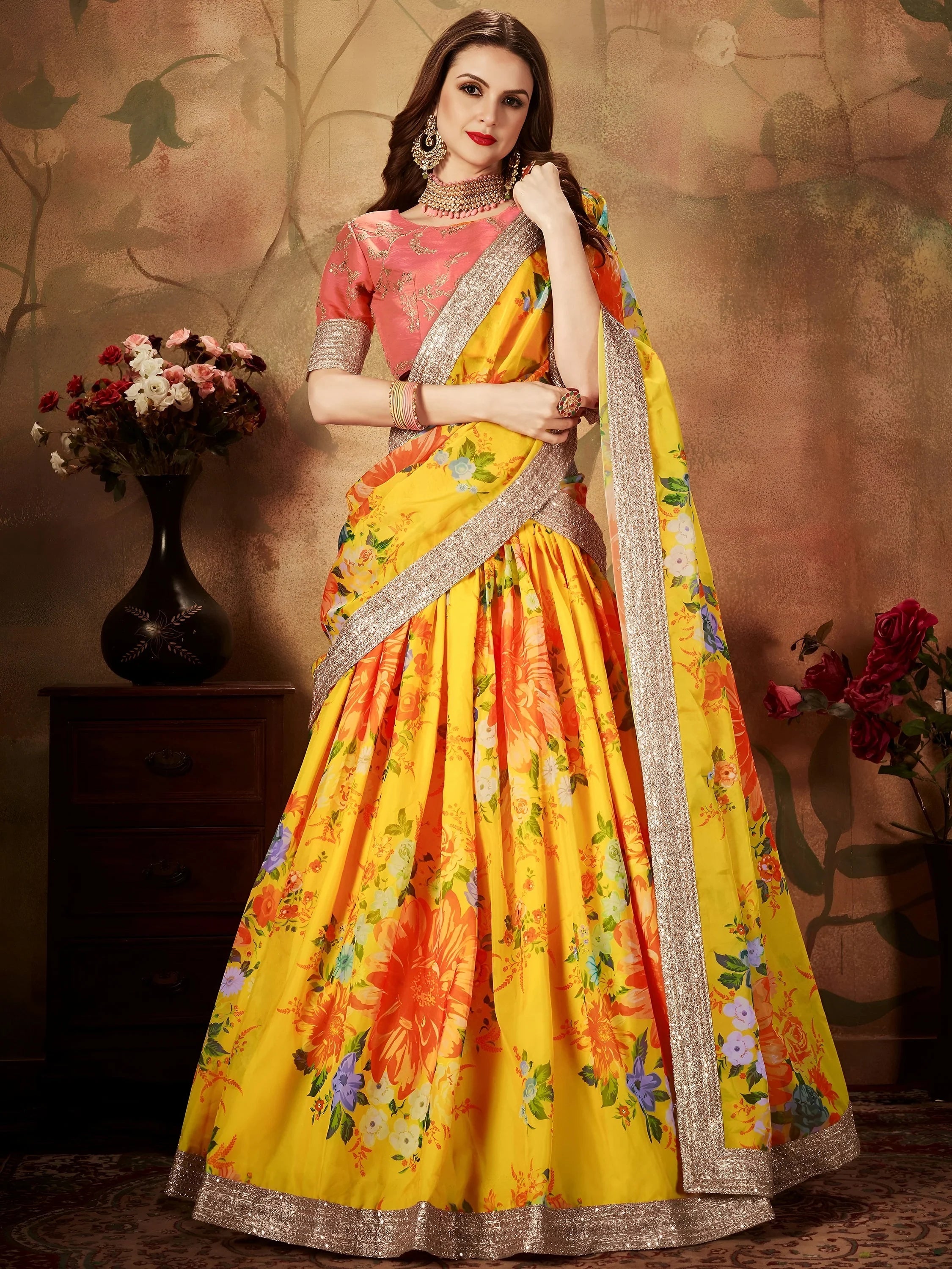 Yellow-Peach Floral Digital Printed Organza Bridal Lehenga Choli