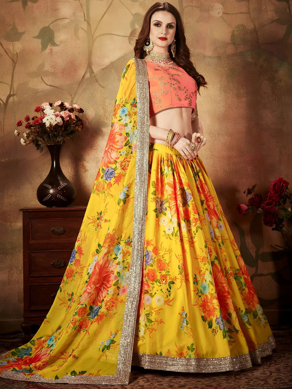Incredible Yellow Printed Organza Function Wear Plus Size Lehenga Choli