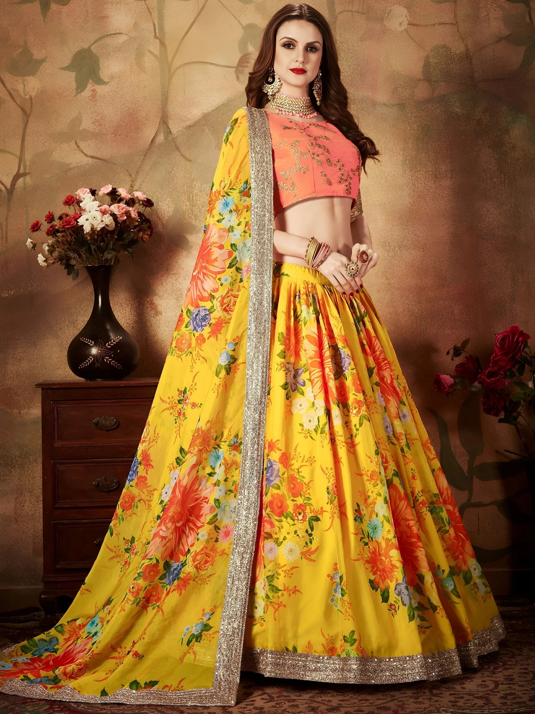 Incredible Yellow Printed Organza Function Wear Plus Size Lehenga Choli