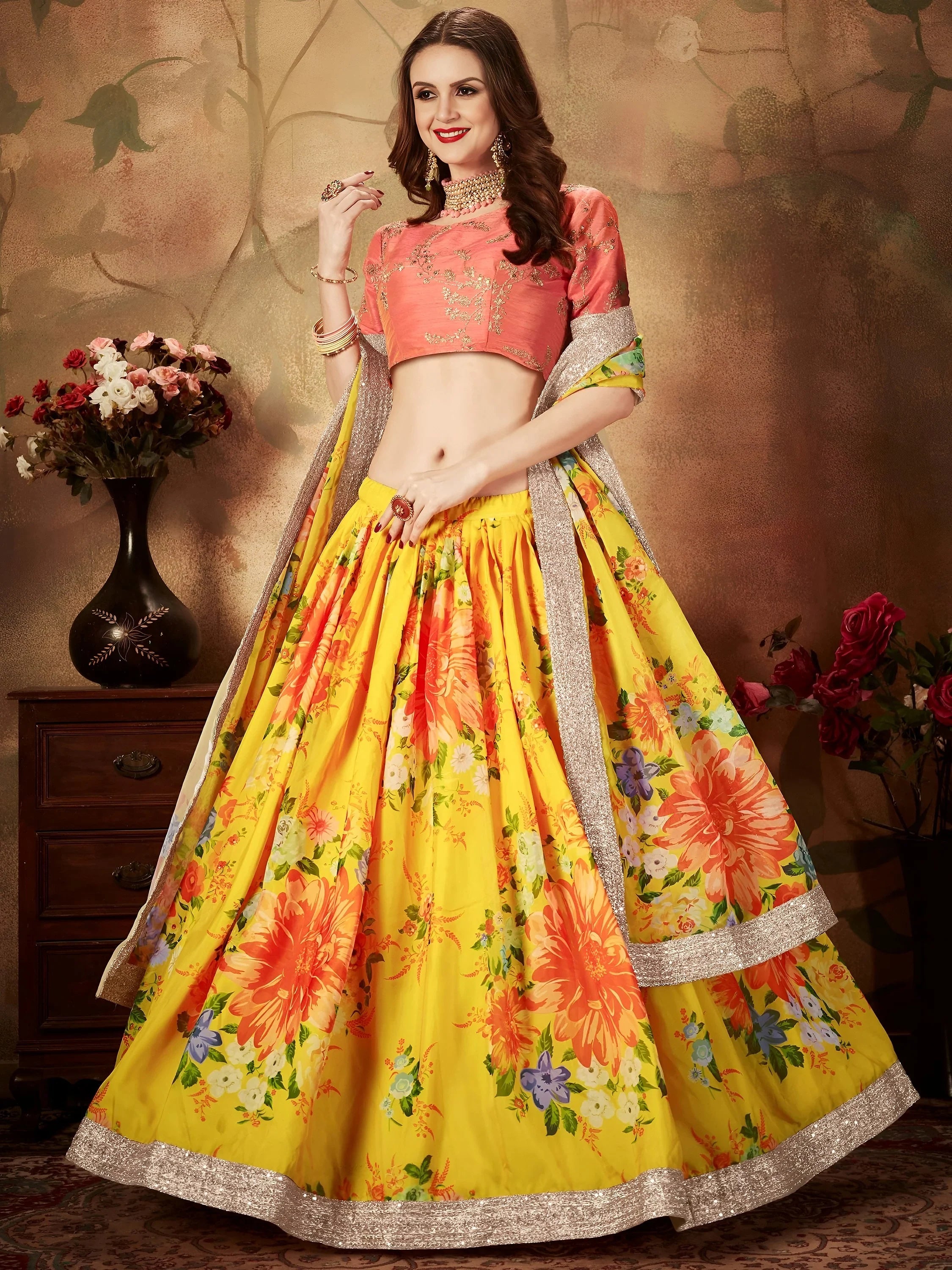 Incredible Yellow Printed Organza Function Wear Plus Size Lehenga Choli