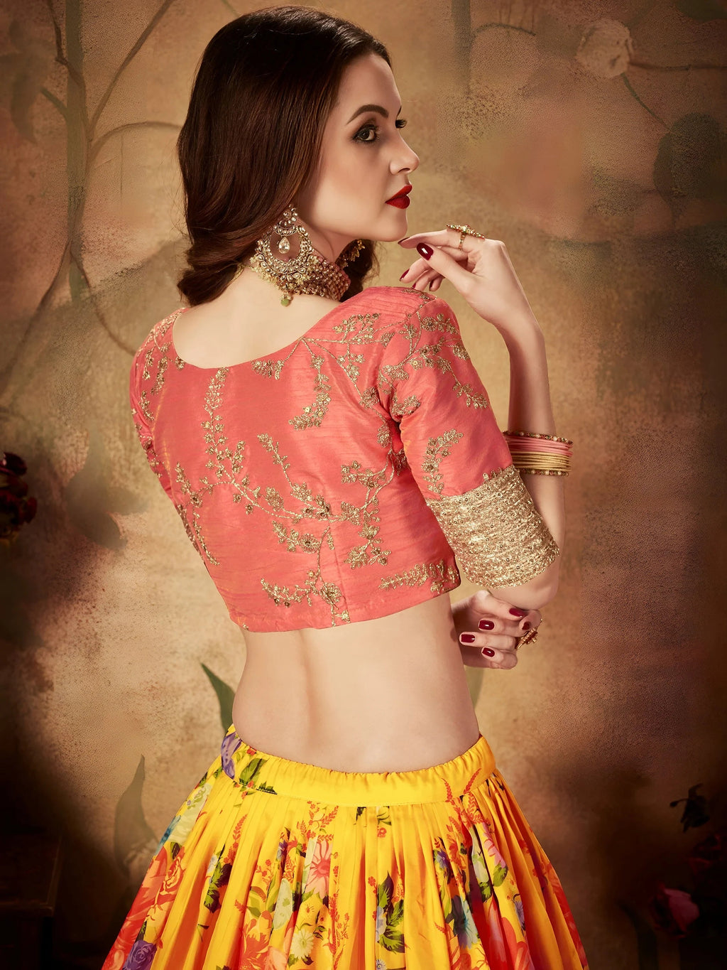 Yellow-Peach Floral Digital Printed Organza Bridal Lehenga Choli
