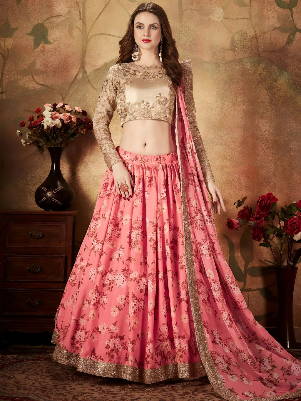 Pink Floral Digital Printed Organza Wedding Wear Lehenga Choli