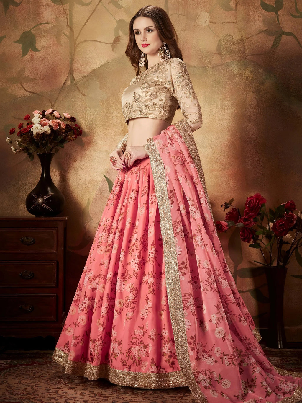 Pink Floral Digital Printed Organza Wedding Wear Lehenga Choli