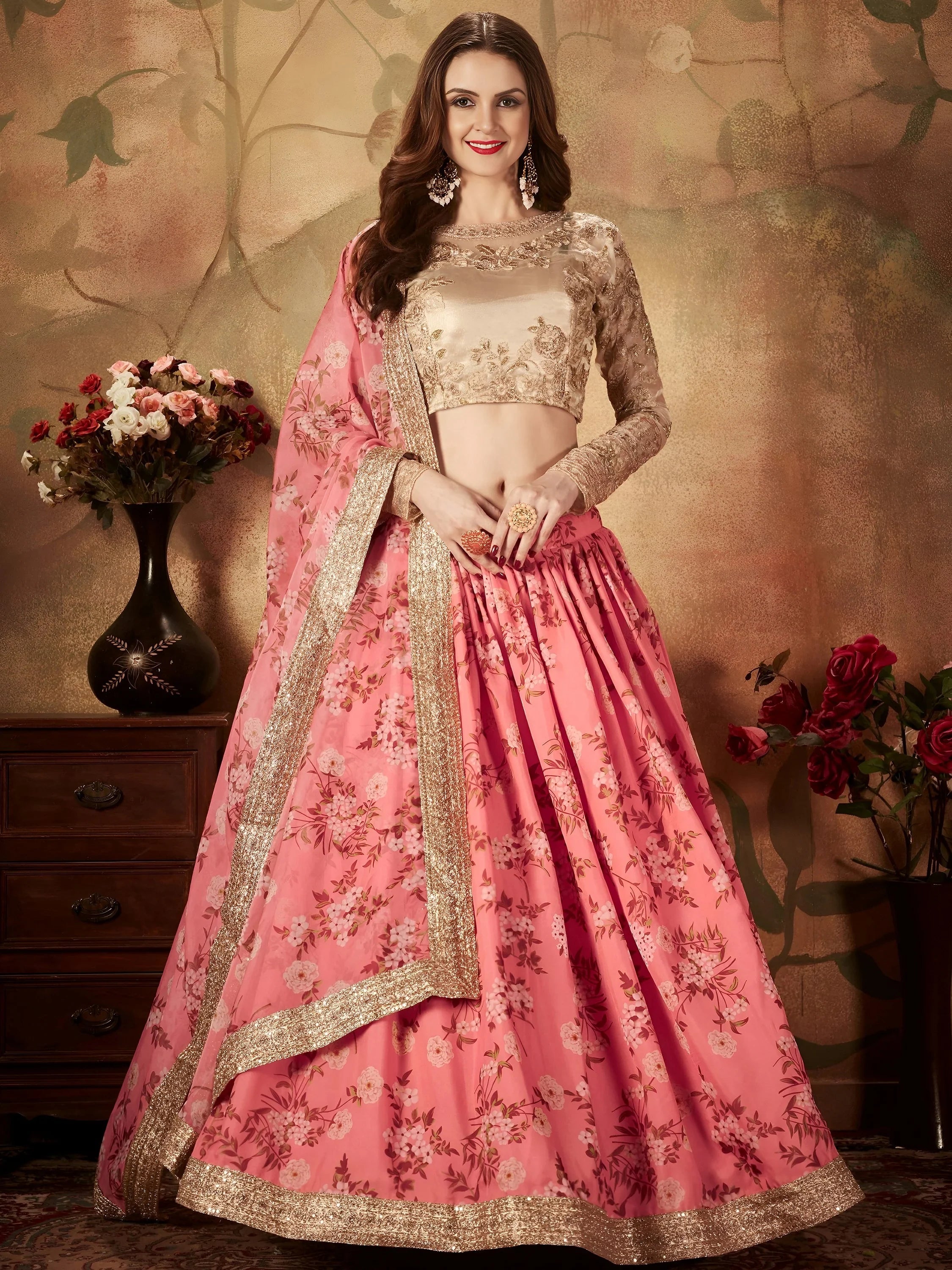 Outstanding Pink Printed Organza Festival Wear Plus Size Lehenga Choli