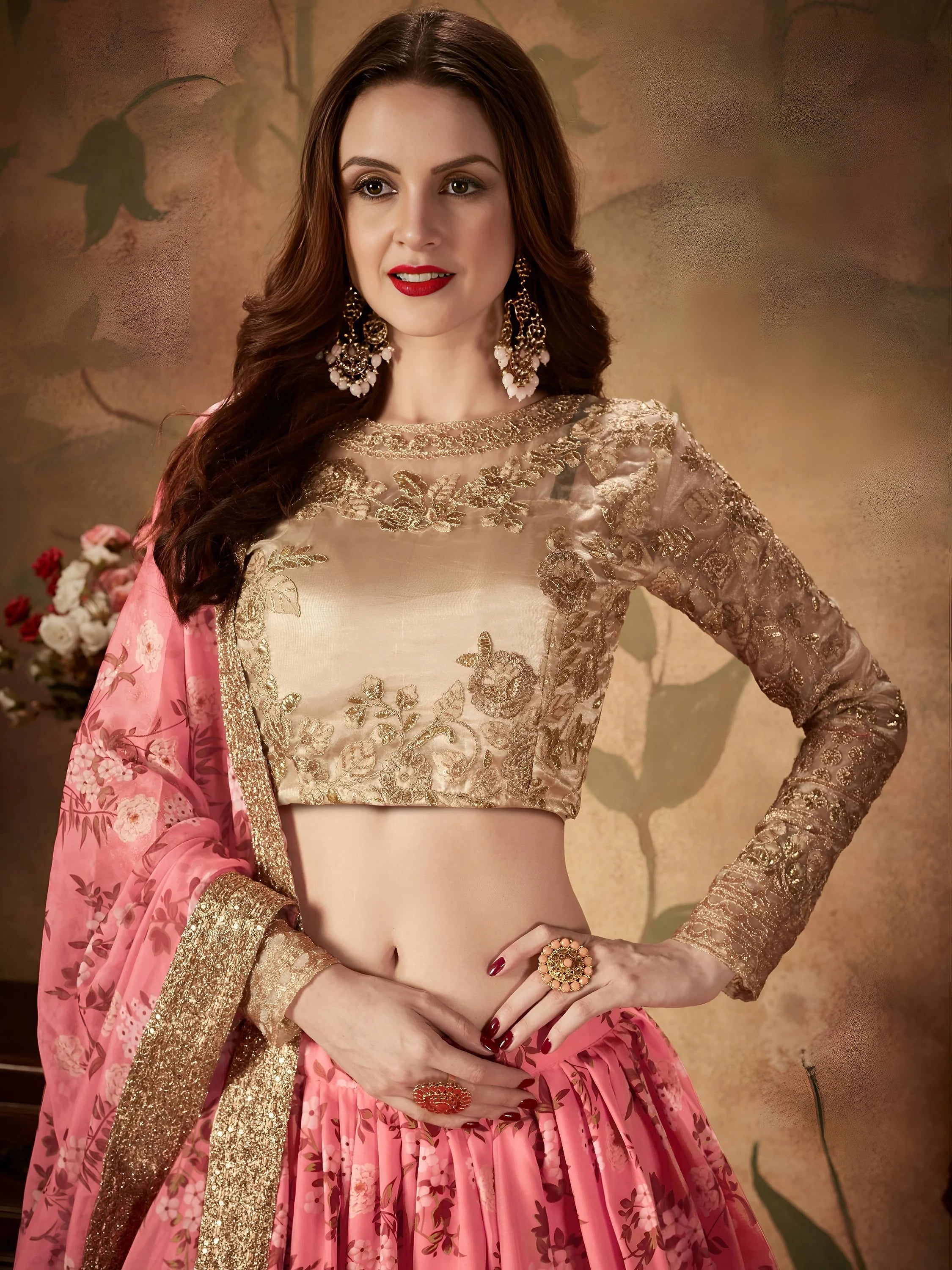 Pink Floral Digital Printed Organza Wedding Wear Lehenga Choli