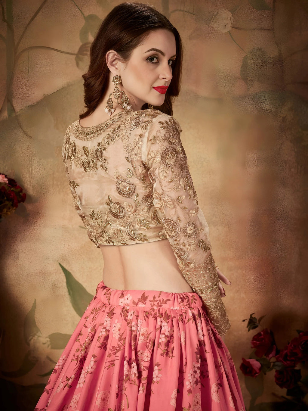 Pink Floral Digital Printed Organza Wedding Wear Lehenga Choli