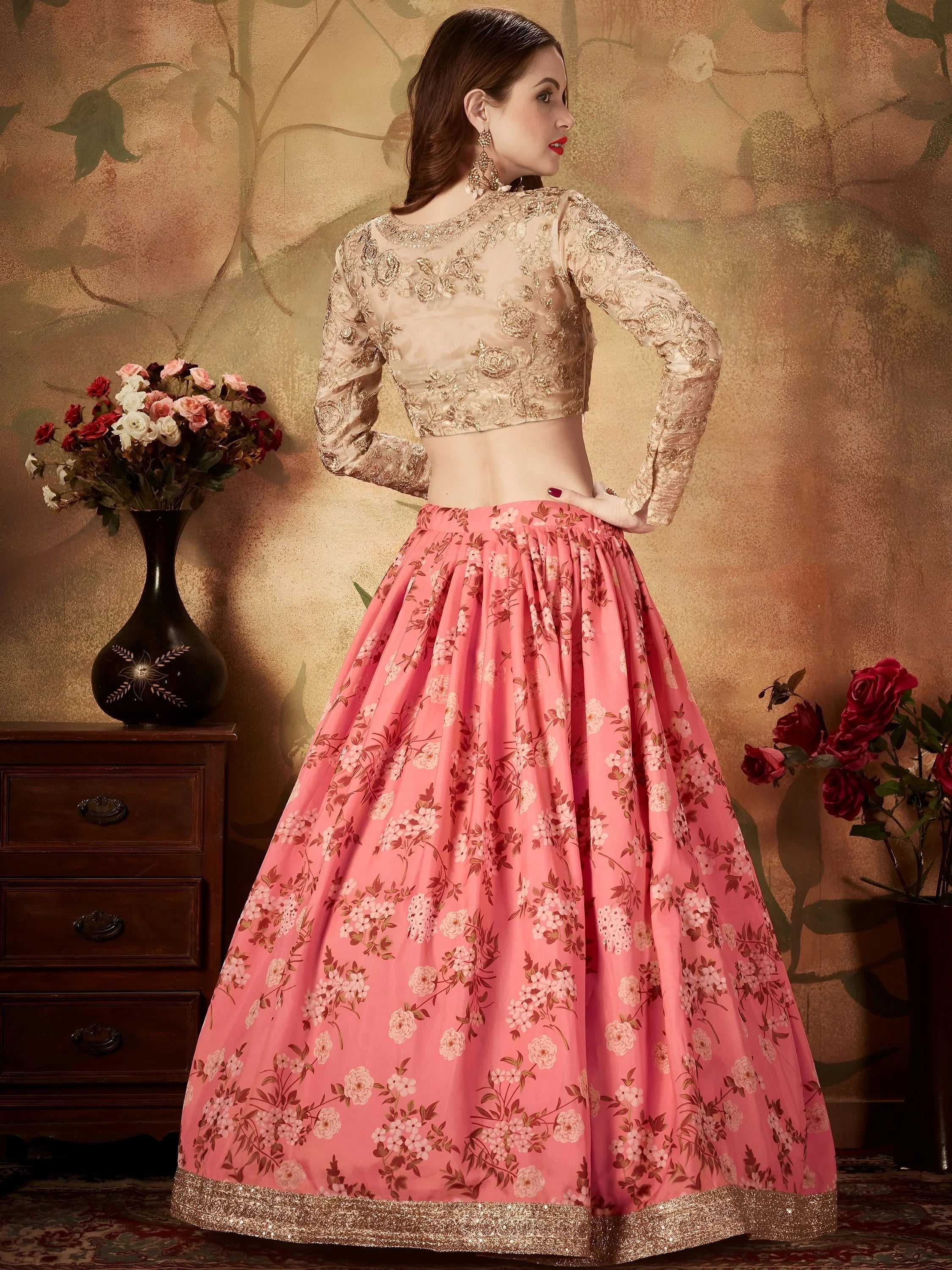 Outstanding Pink Printed Organza Festival Wear Plus Size Lehenga Choli