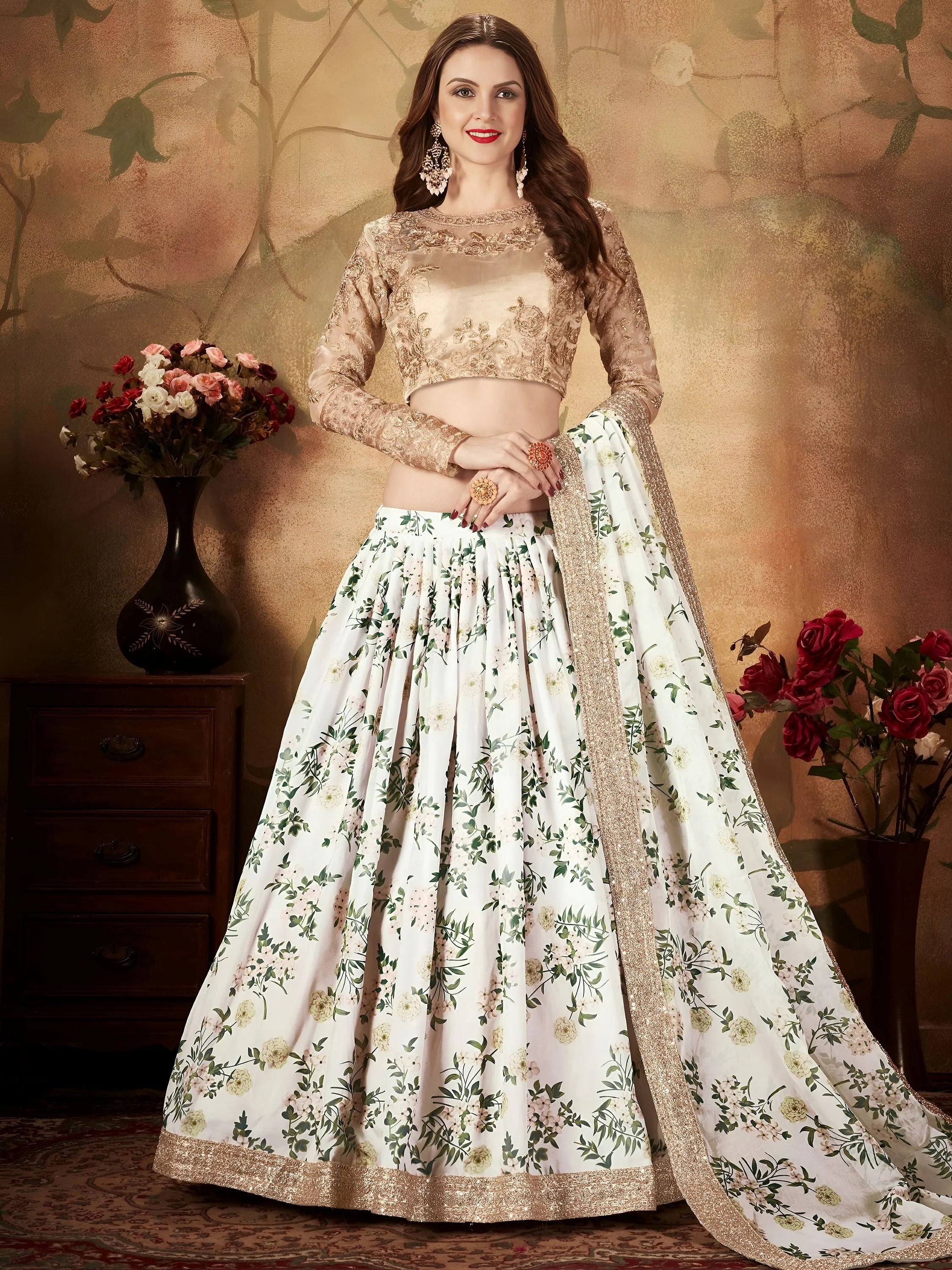 Enchanting White Printed Organza Festival Wear Plus Size Lehenga Choli