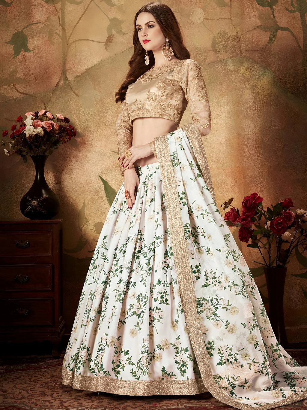 White Floral Digital Printed Organza Wedding Wear Lehenga Choli