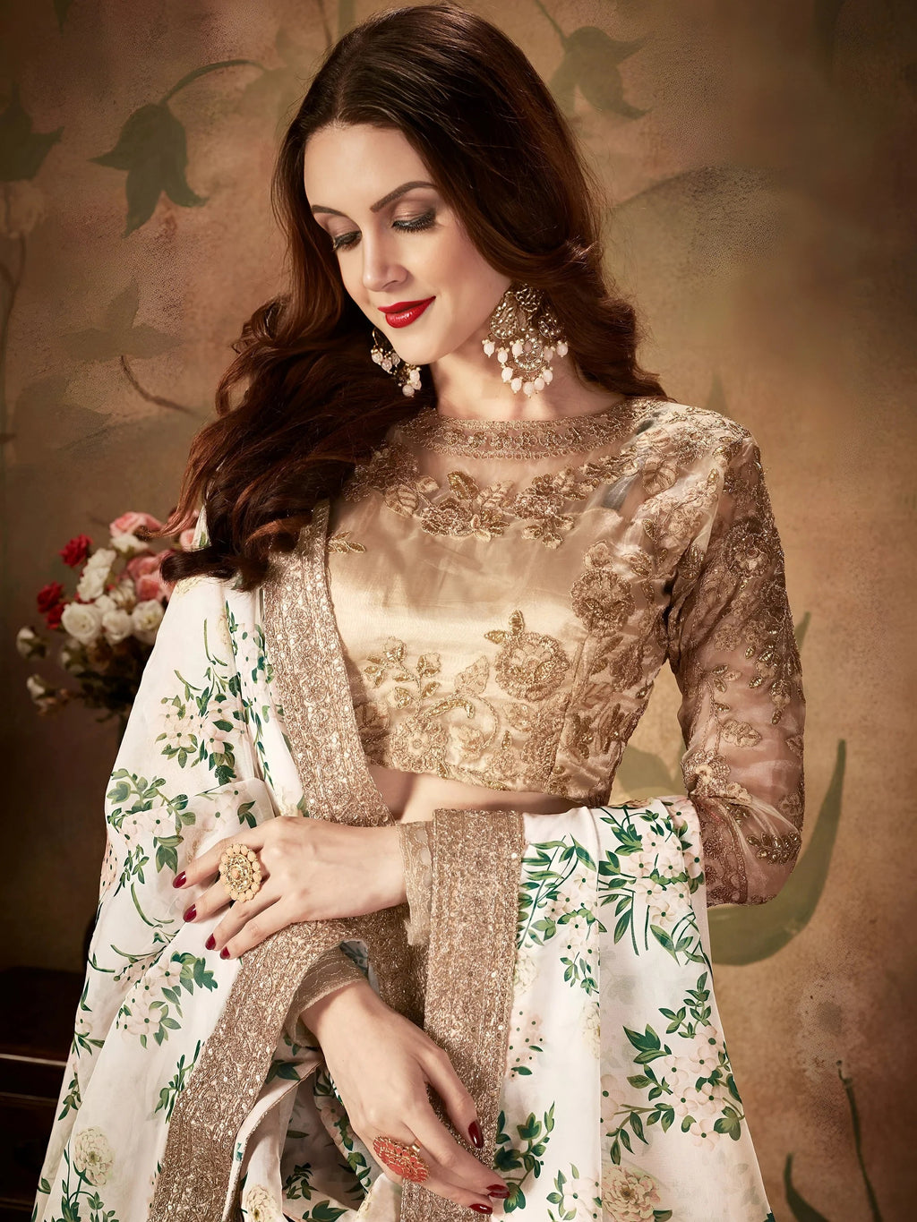 White Floral Digital Printed Organza Wedding Wear Lehenga Choli