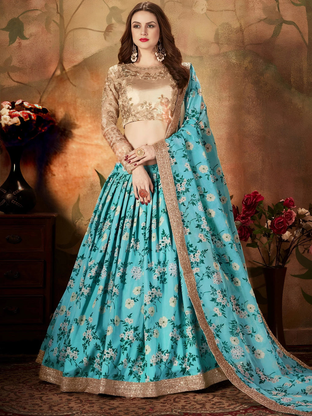 Blue Floral Digital Printed Organza Wedding Wear Lehenga Choli