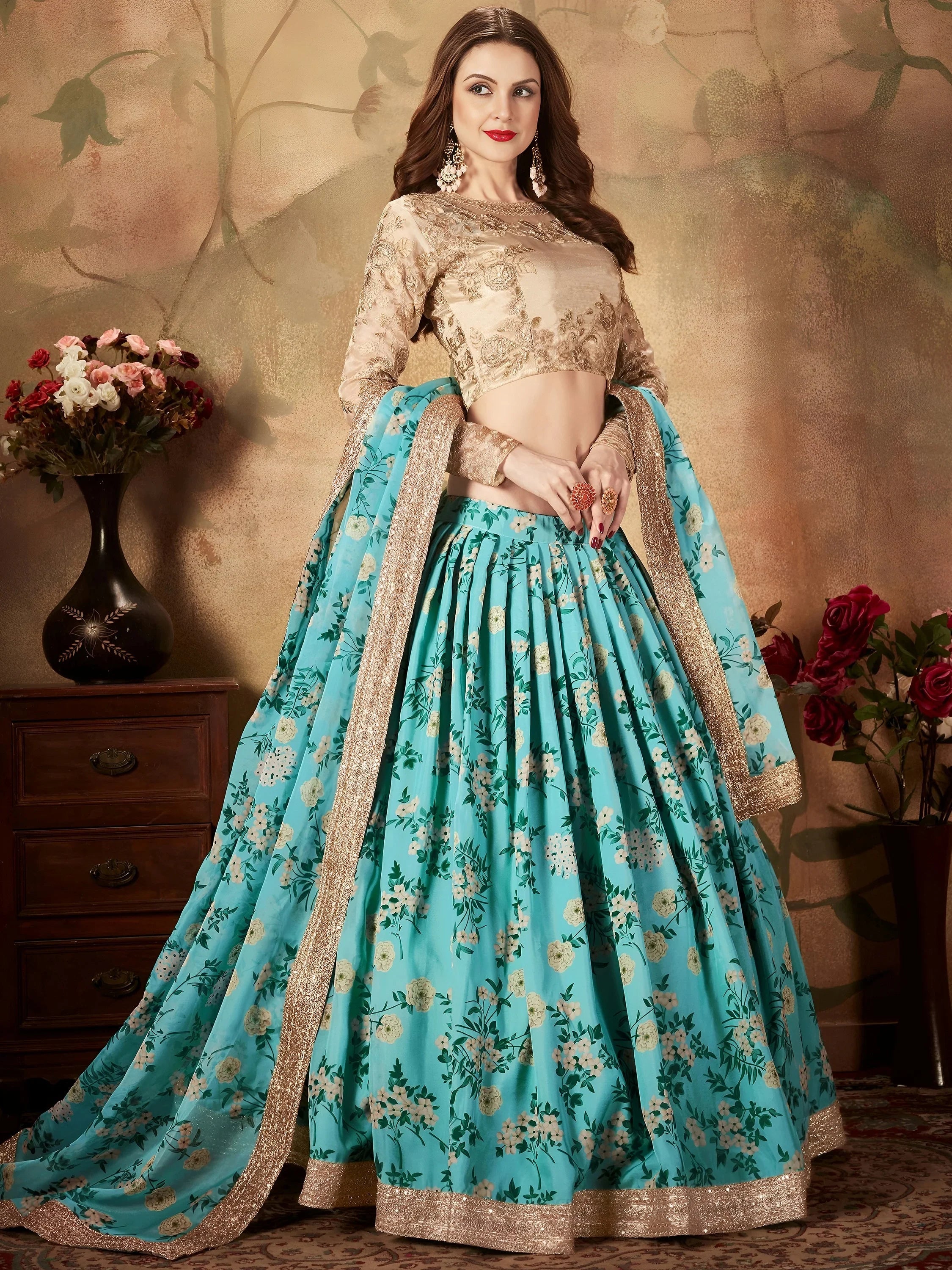 Sky Blue Floral Digital Printed Organza Wedding Wear Lehenga Choli