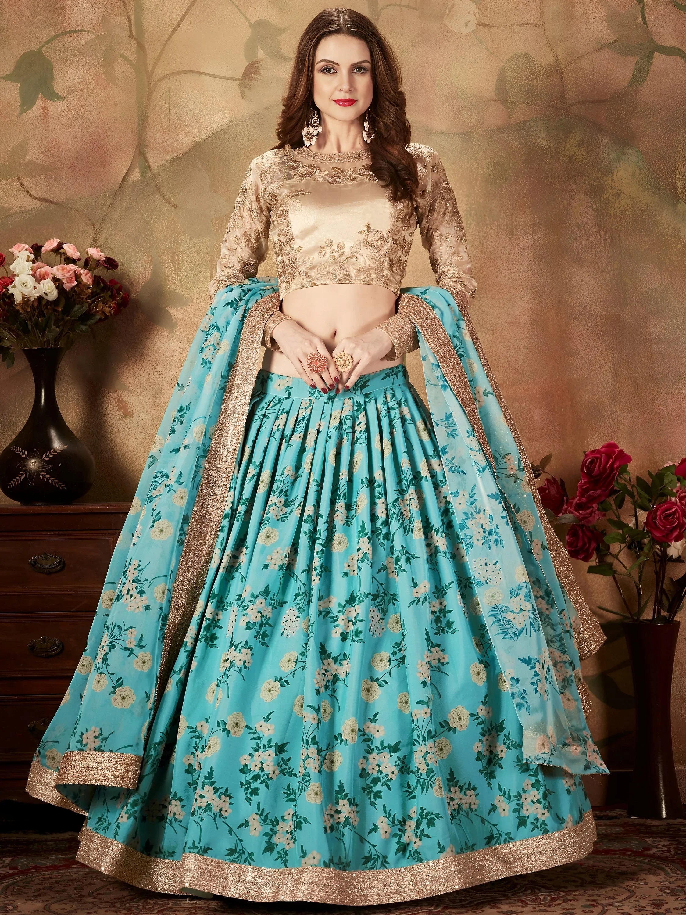 Blue Floral Digital Printed Organza Wedding Wear Lehenga Choli