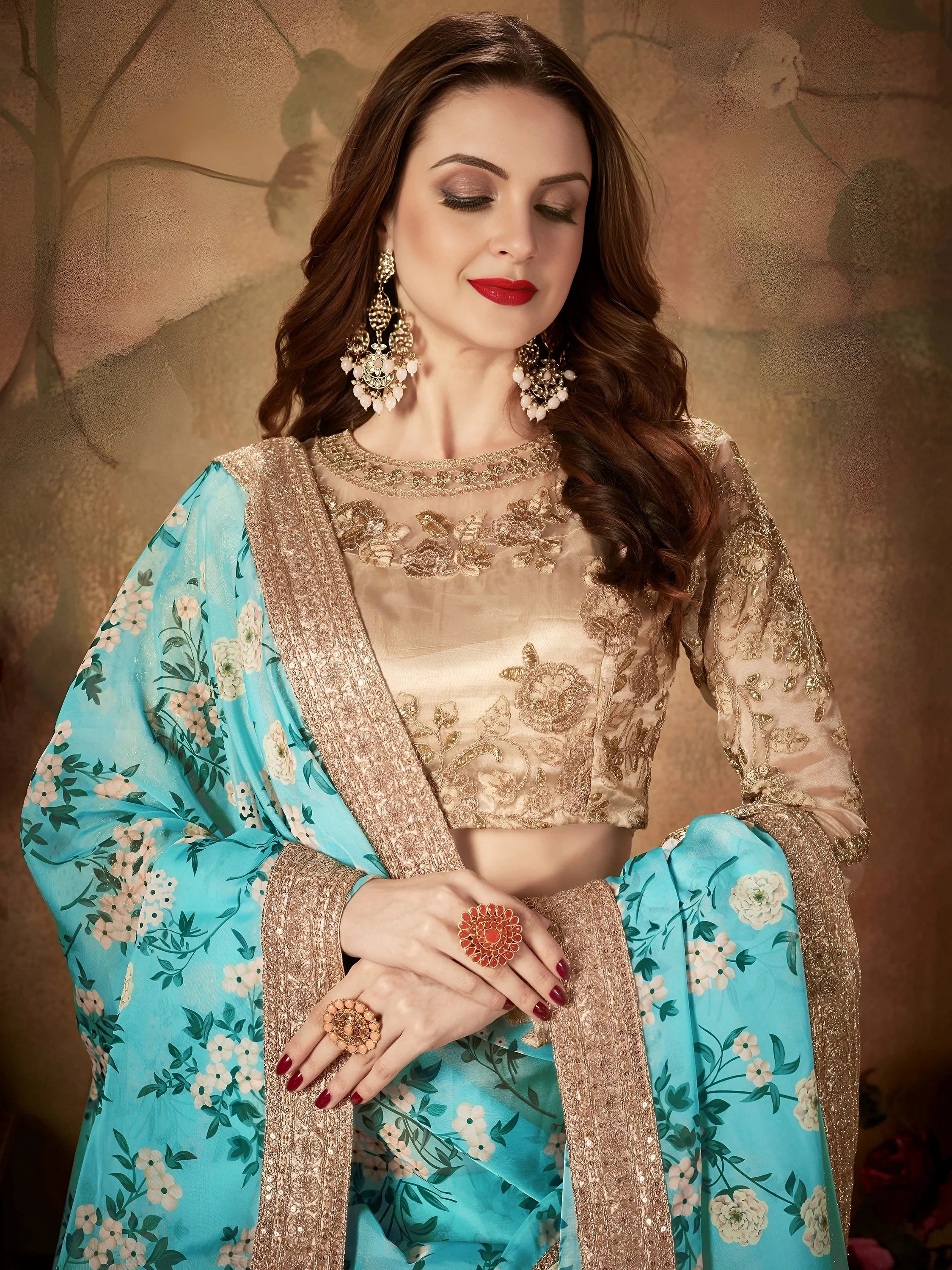 Sky Blue Floral Digital Printed Organza Wedding Wear Lehenga Choli