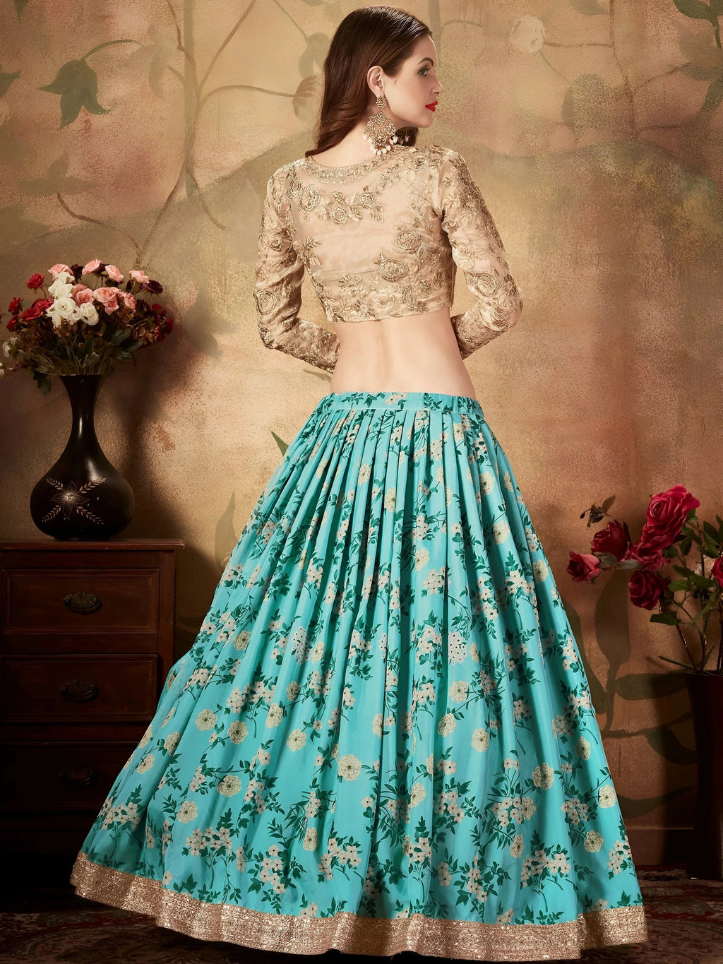 Blue Floral Digital Printed Organza Wedding Wear Lehenga Choli