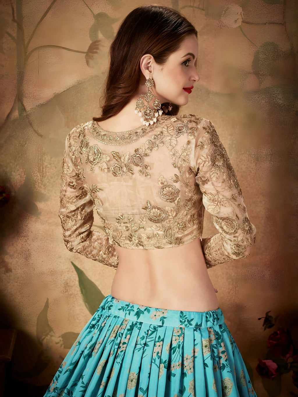 Blue Floral Digital Printed Organza Wedding Wear Lehenga Choli