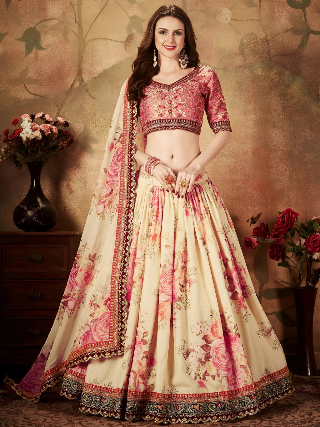Cream Off Floral Digital Printed Organza Bridal Lehenga Choli
