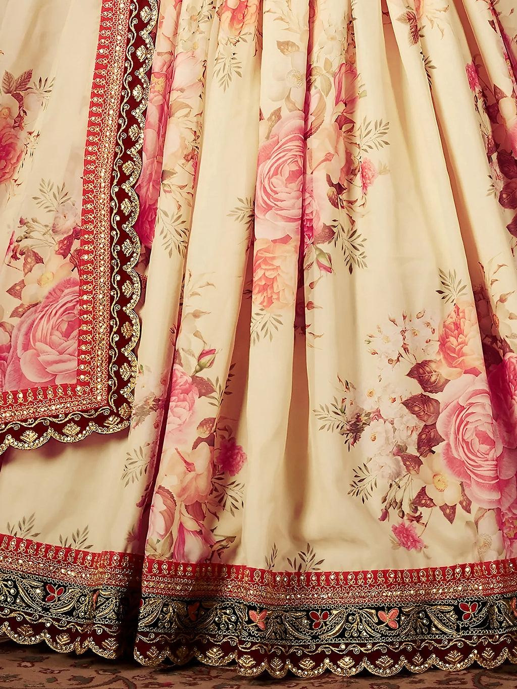 Cream Off Floral Digital Printed Organza Bridal Lehenga Choli