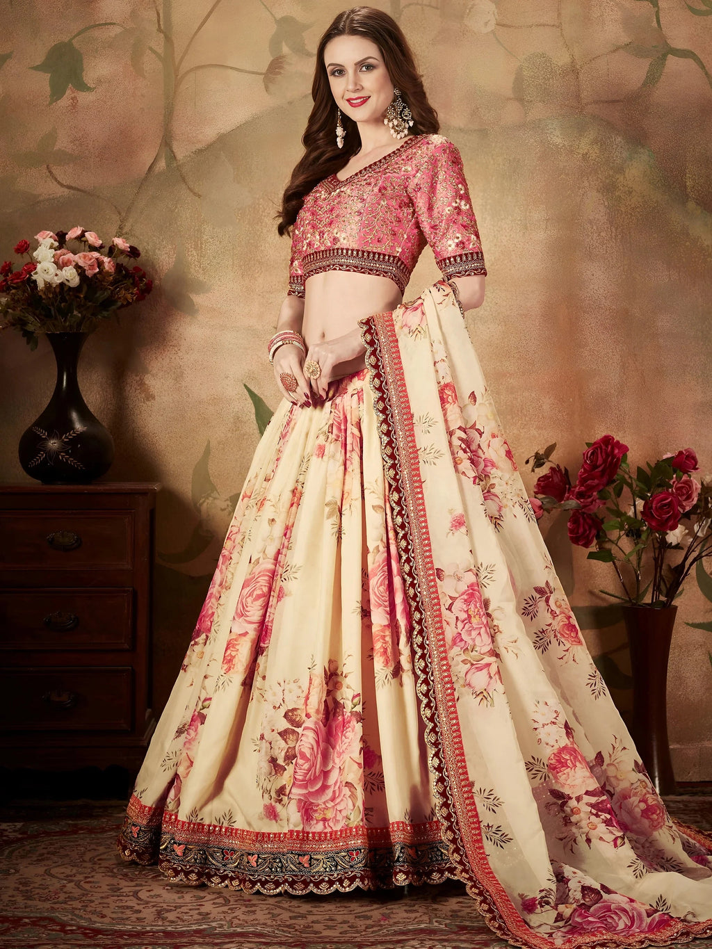 Off White Off Floral Digital Printed Organza Bridal Lehenga Choli