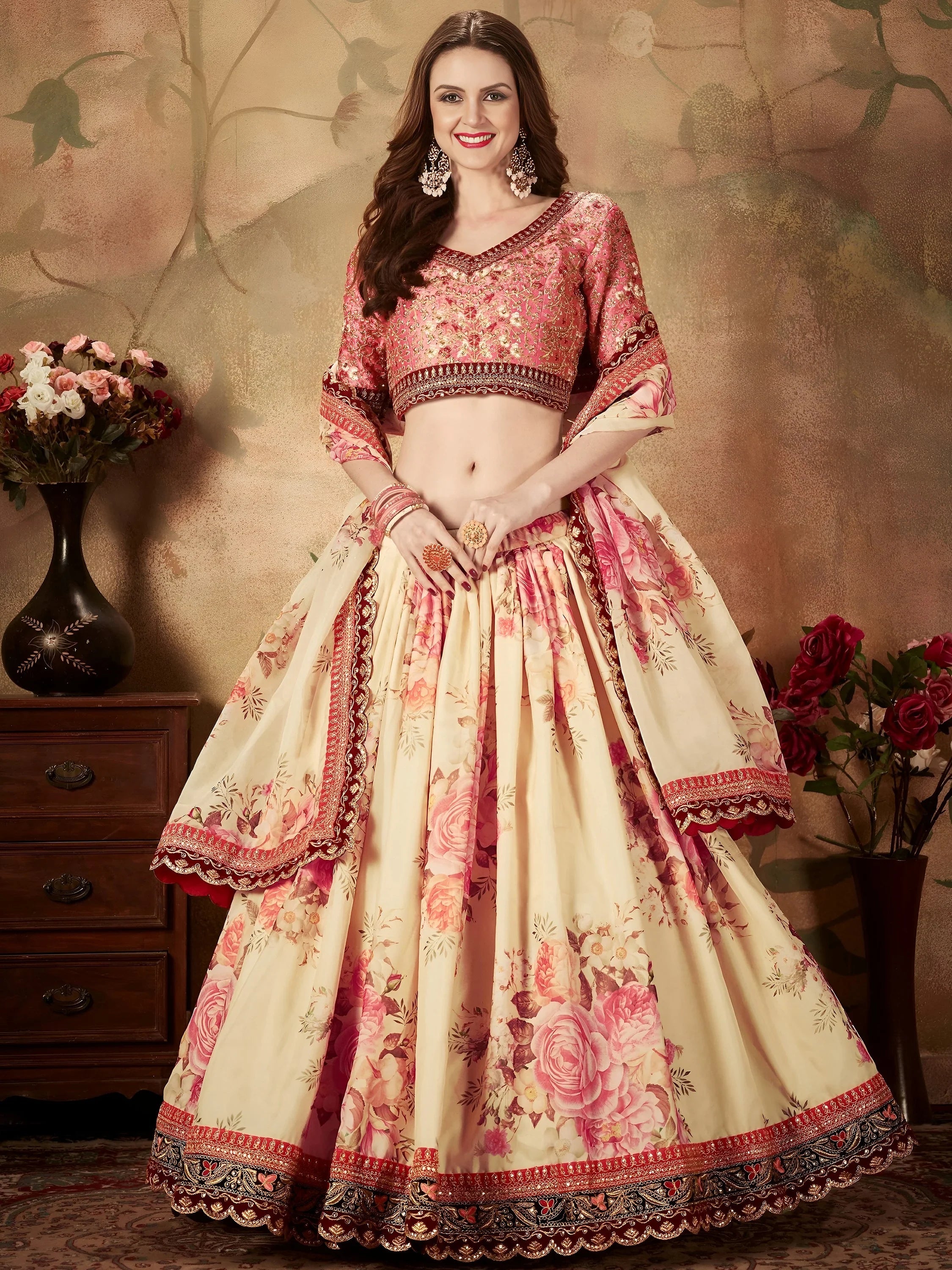 Cream Off Floral Digital Printed Organza Bridal Lehenga Choli