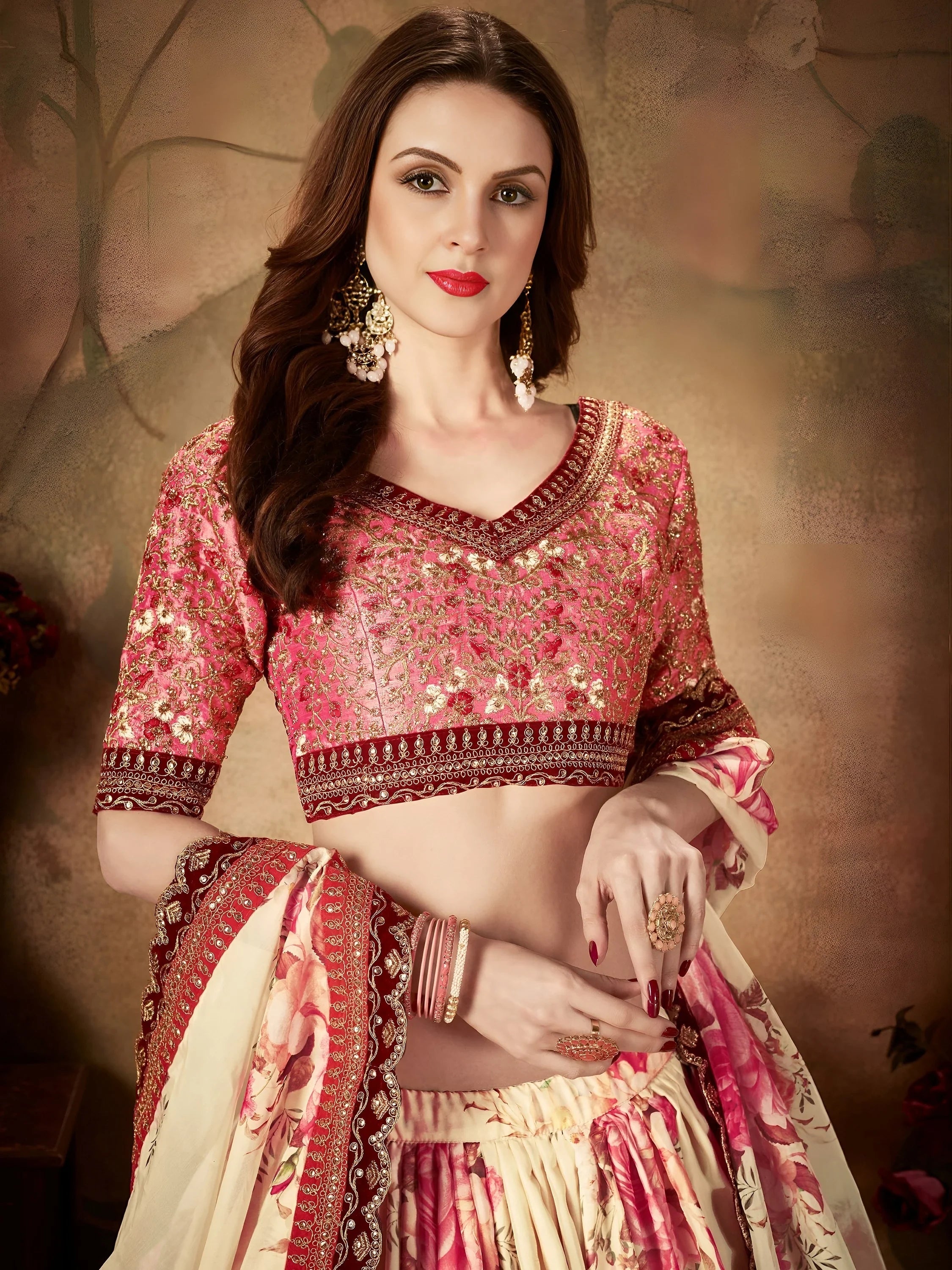 Cream Off Floral Digital Printed Organza Bridal Lehenga Choli