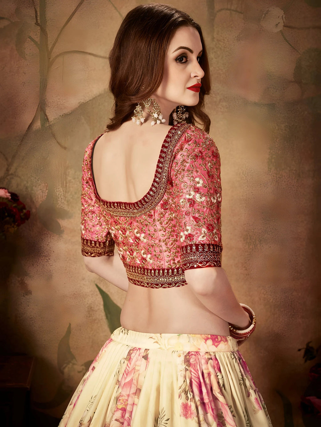 Off White Off Floral Digital Printed Organza Bridal Lehenga Choli
