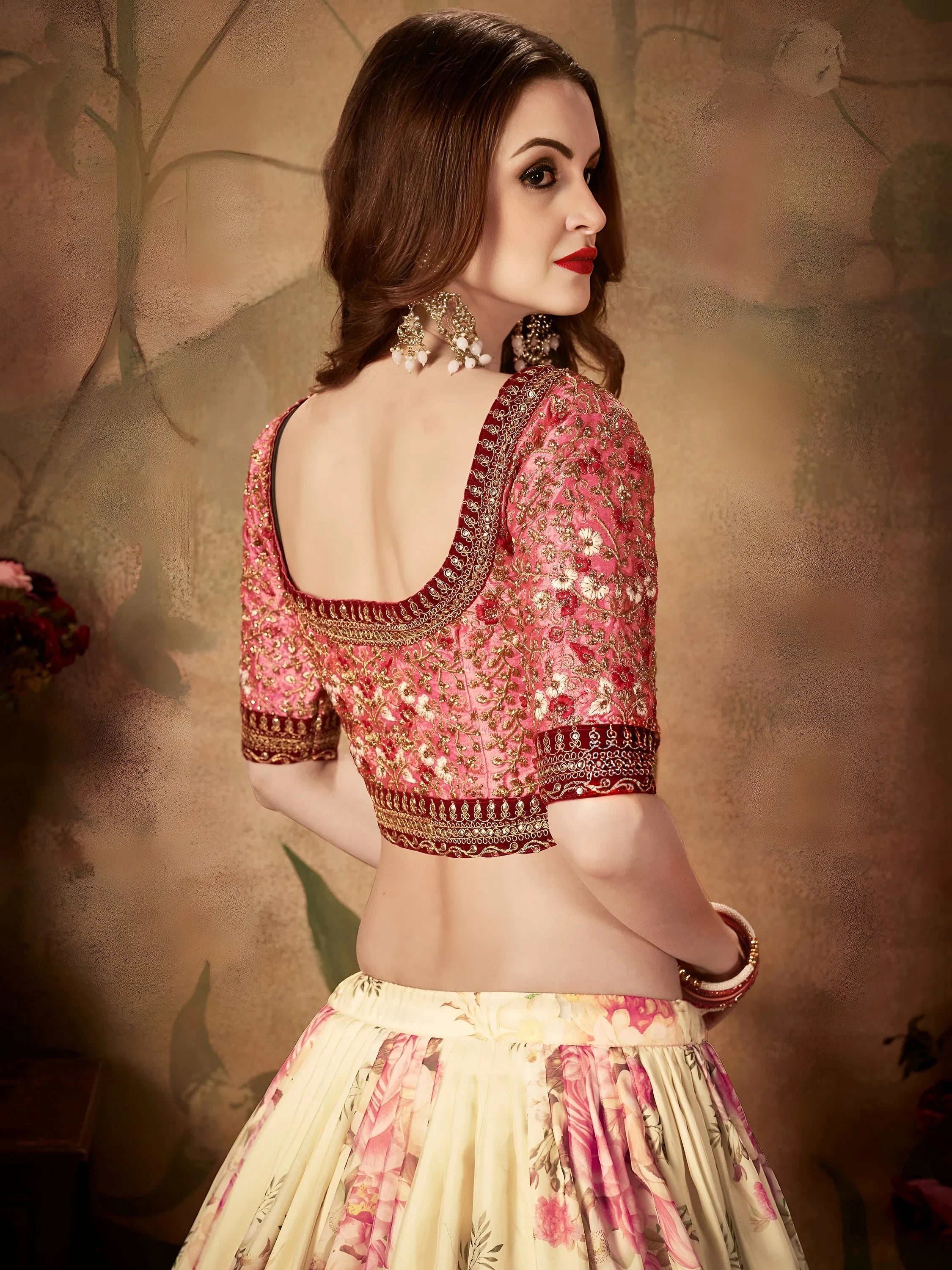 Off White Off Floral Digital Printed Organza Bridal Lehenga Choli