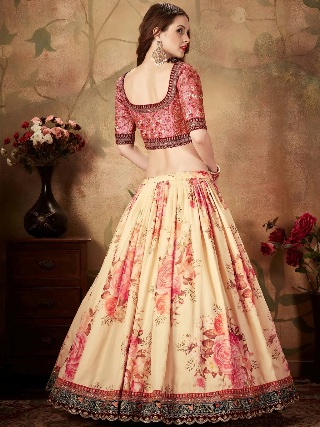 Cream Off Floral Digital Printed Organza Bridal Lehenga Choli