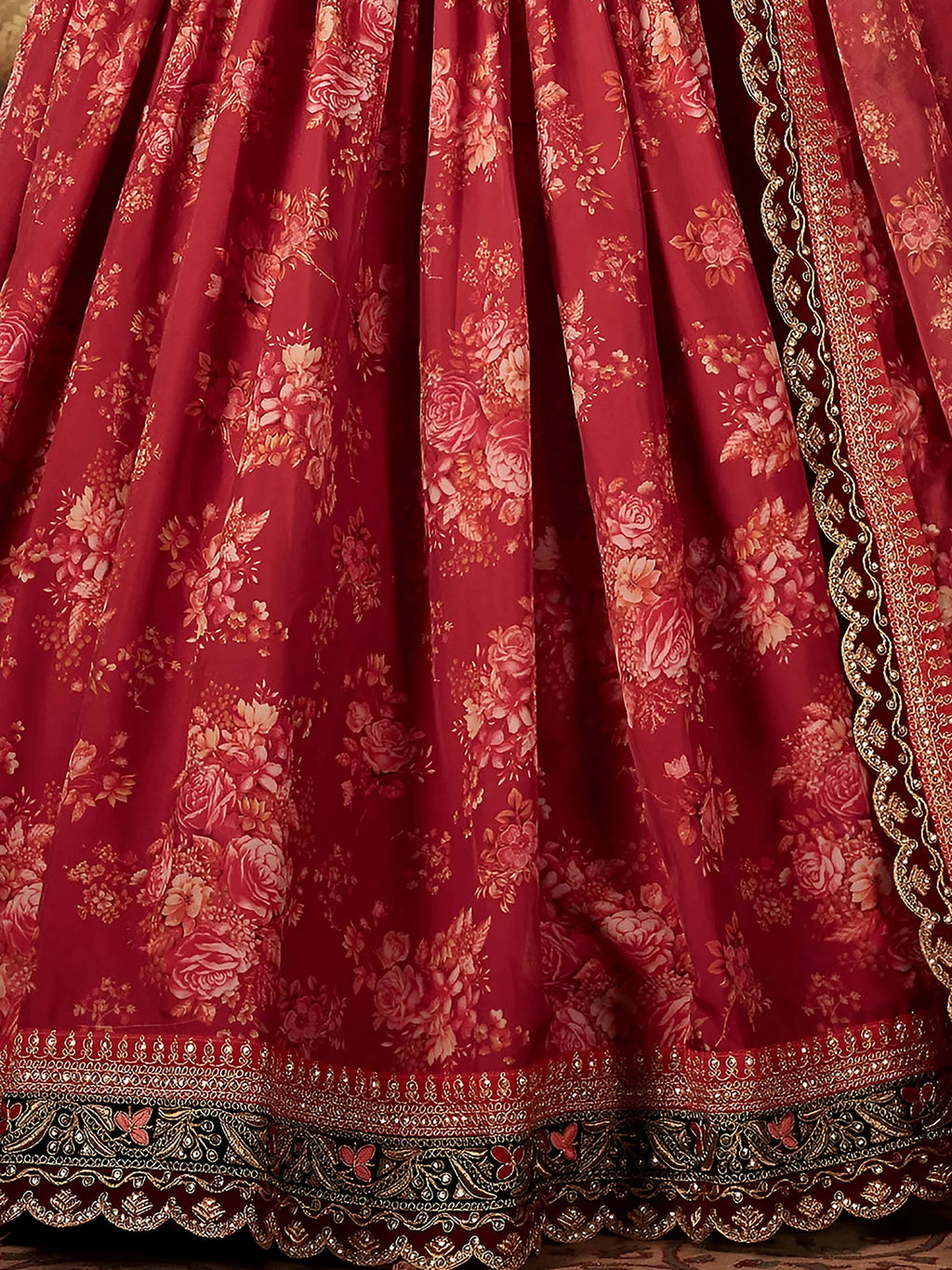 Maroon Floral Digital Printed Organza Bridal Lehenga Choli
