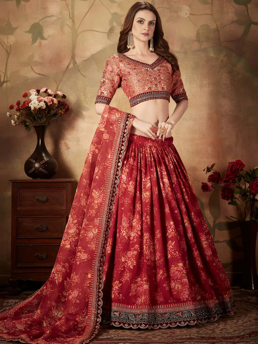 Maroon Floral Digital Printed Organza Bridal Lehenga Choli