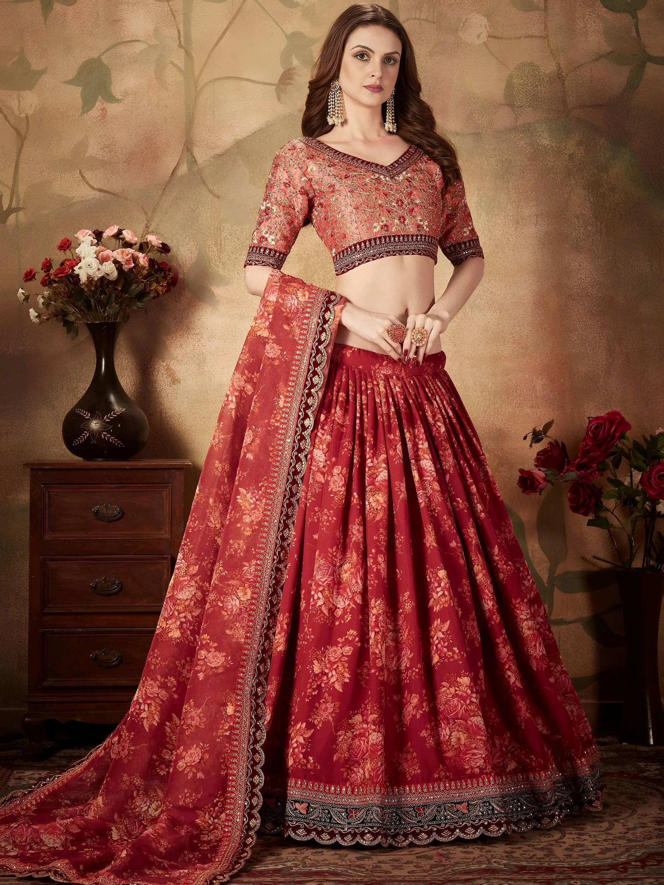 Maroon Floral Digital Printed Organza Bridal Lehenga Choli