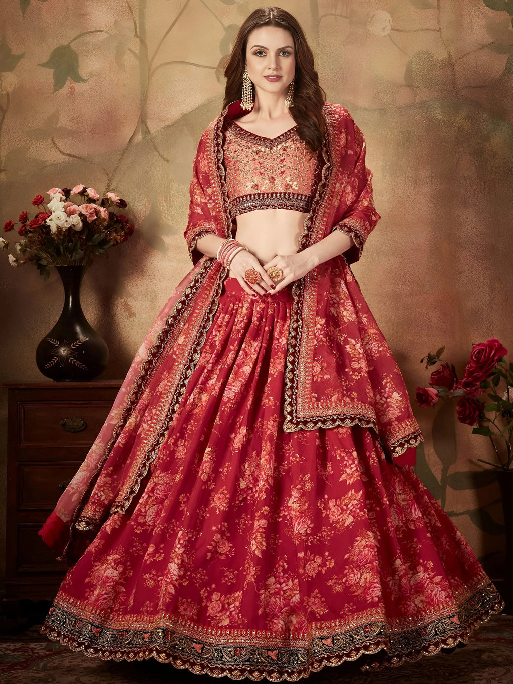 Maroon Floral Digital Printed Organza Bridal Lehenga Choli