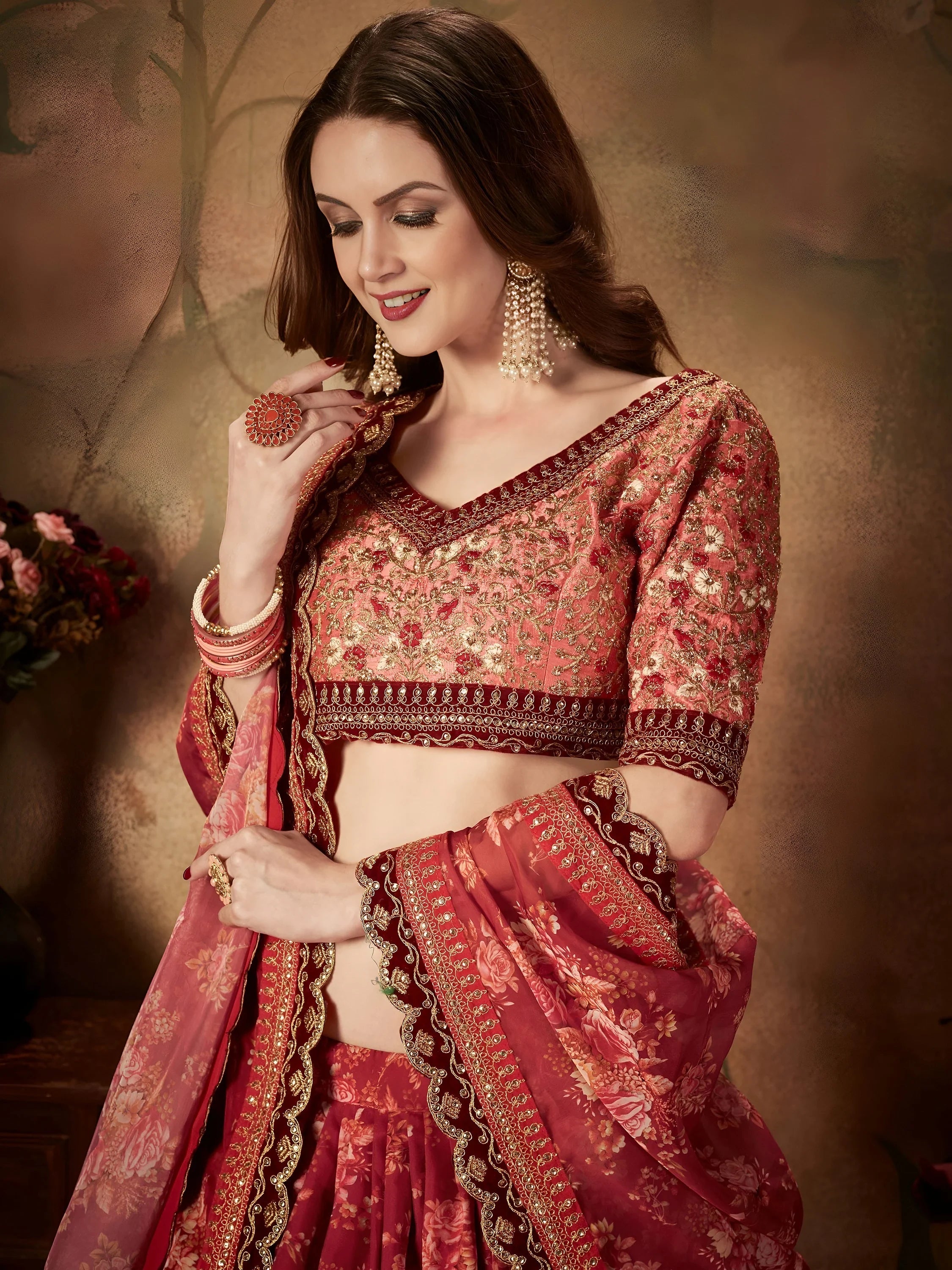 Maroon Floral Digital Printed Organza Bridal Lehenga Choli