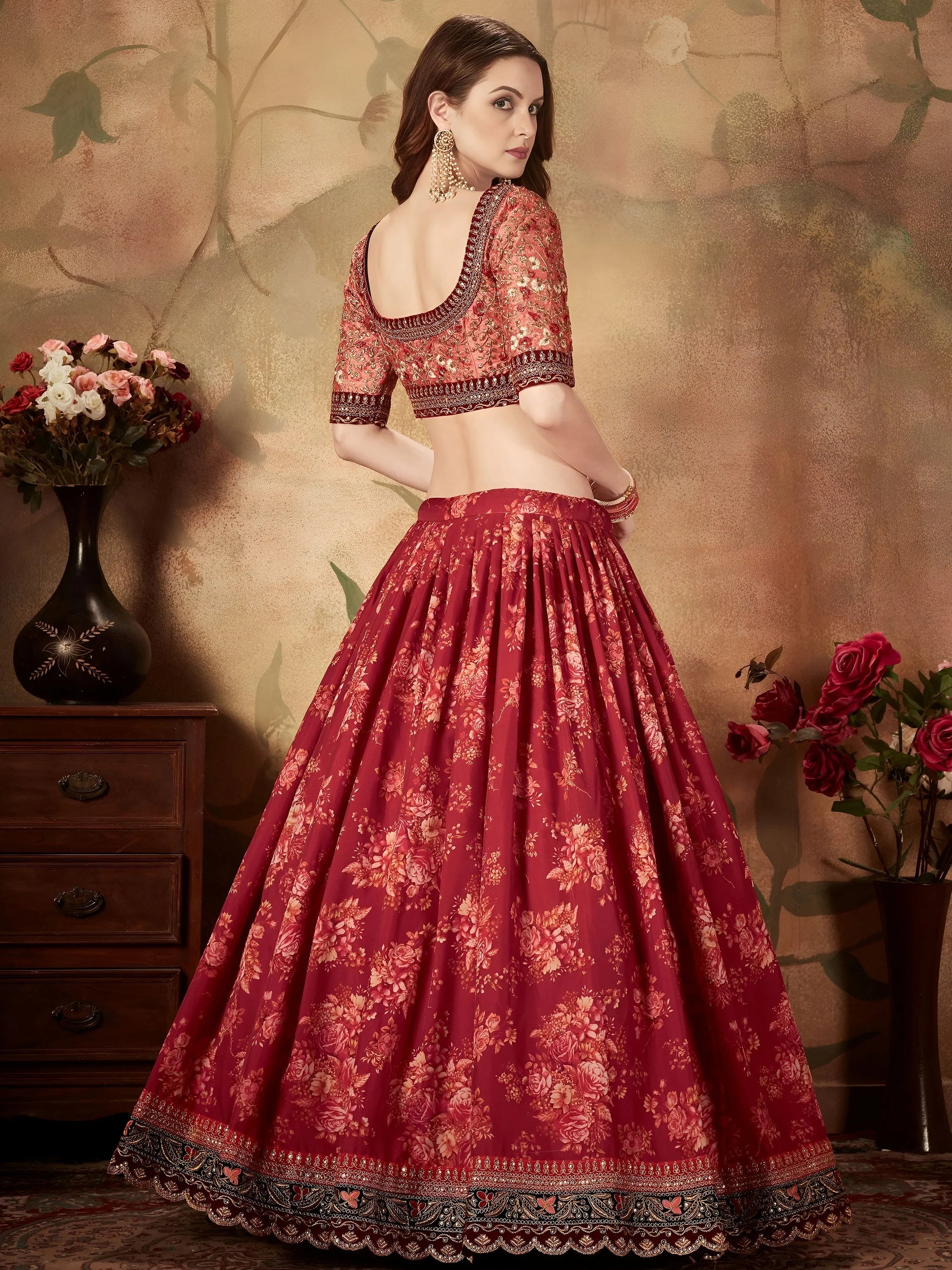 Maroon Floral Digital Printed Organza Bridal Lehenga Choli
