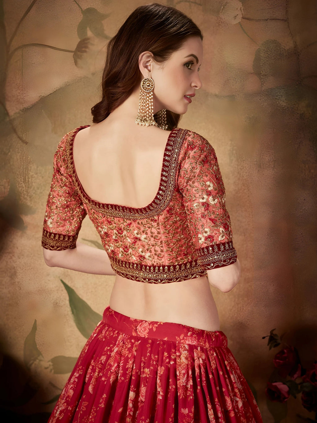 Maroon Floral Digital Printed Organza Bridal Lehenga Choli