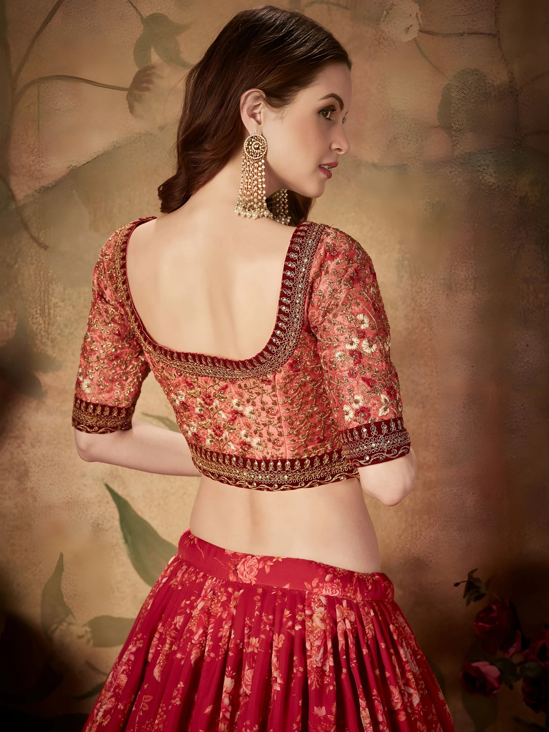 Majestic Maroon Printed Organza Engagement Wear Plus Size Lehenga Choli