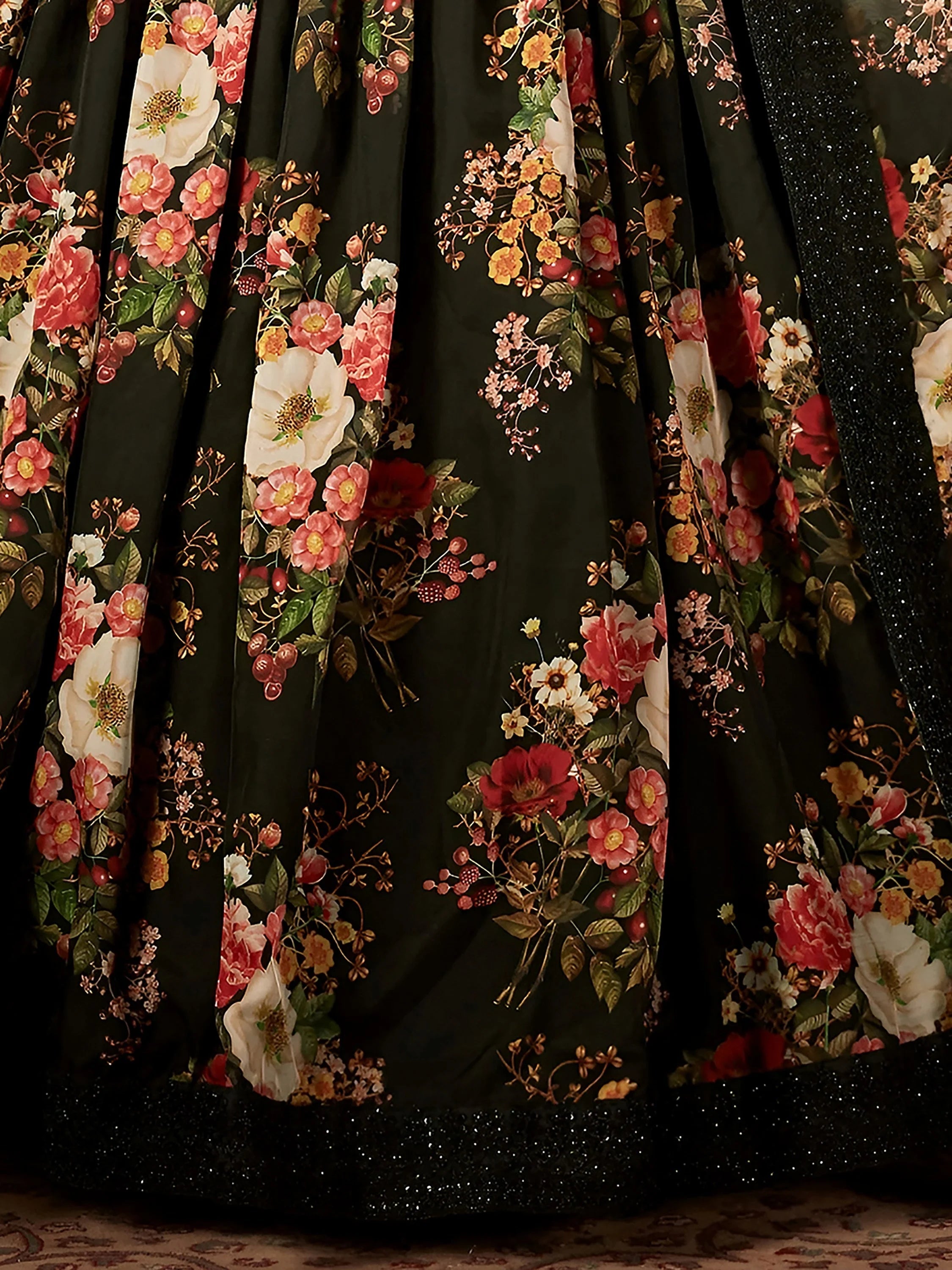 Black Floral Digital Printed Organza Party Wear Lehenga Choli