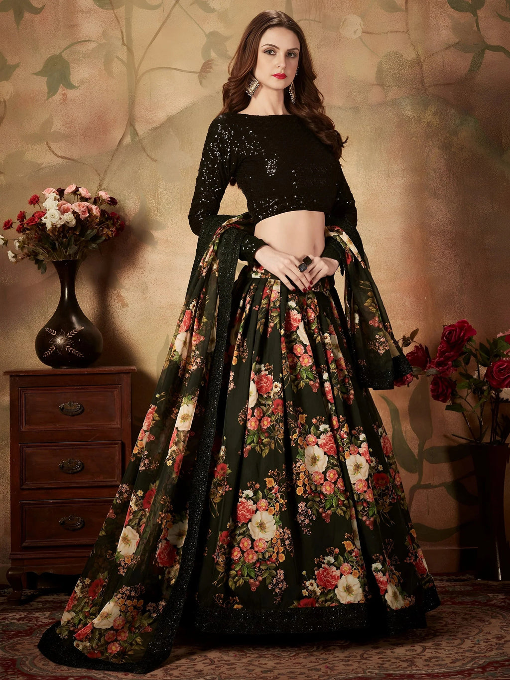 Black Floral Digital Printed Organza Party Wear Lehenga Choli