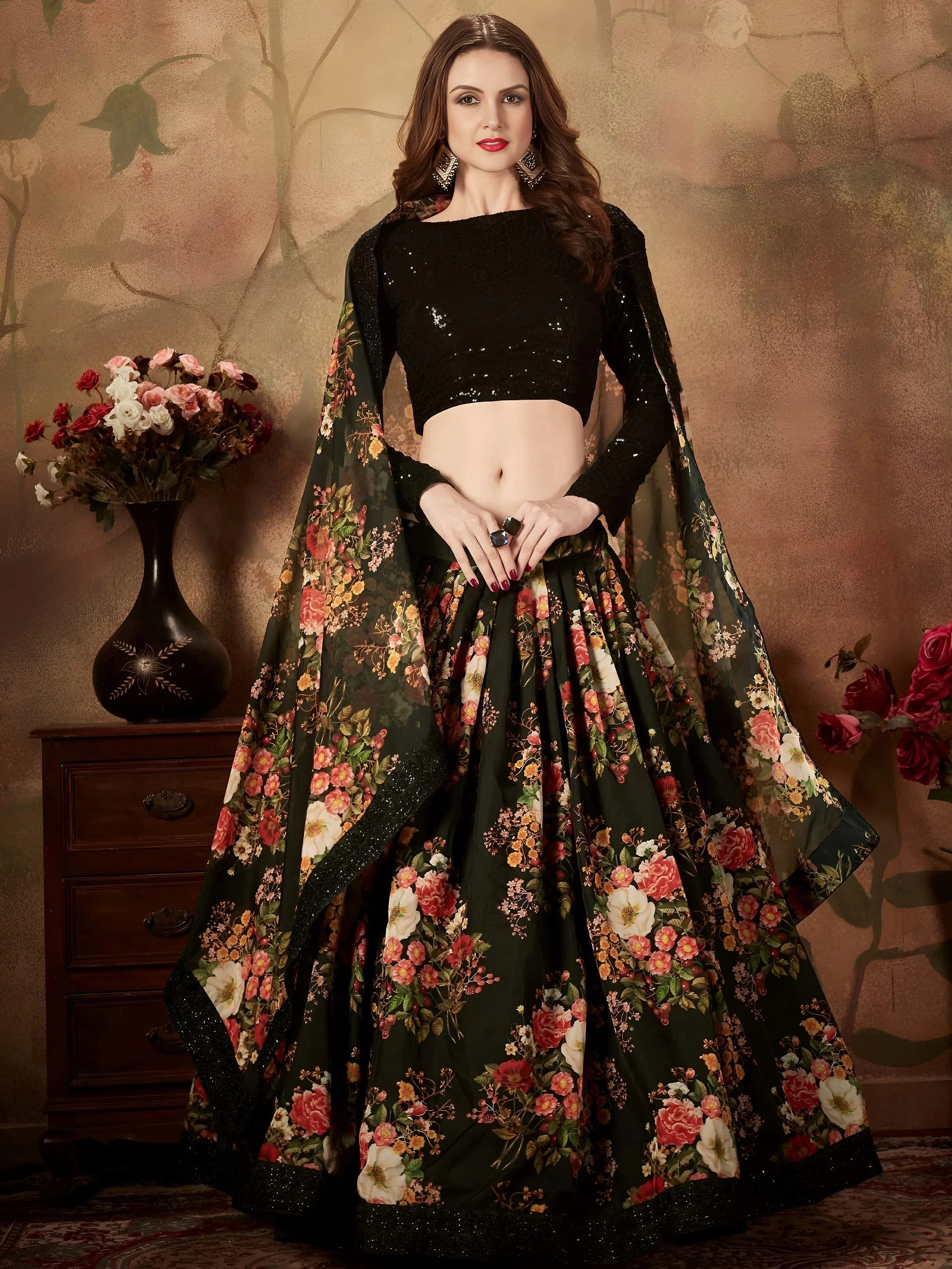 Black Floral Digital Printed Organza Party Wear Lehenga Choli