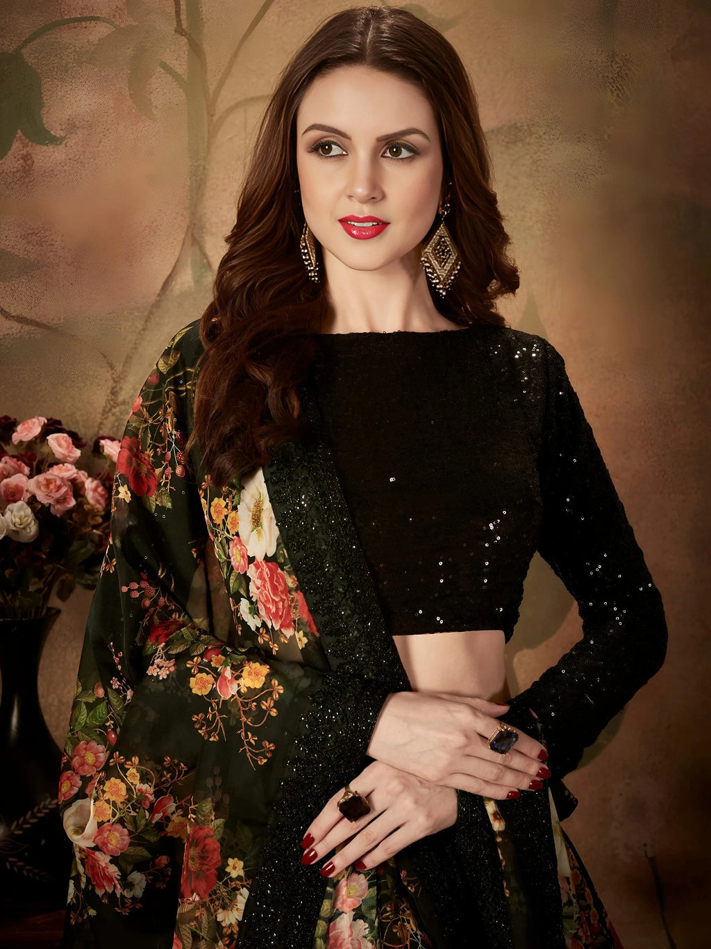 Black Floral Digital Printed Organza Party Wear Lehenga Choli