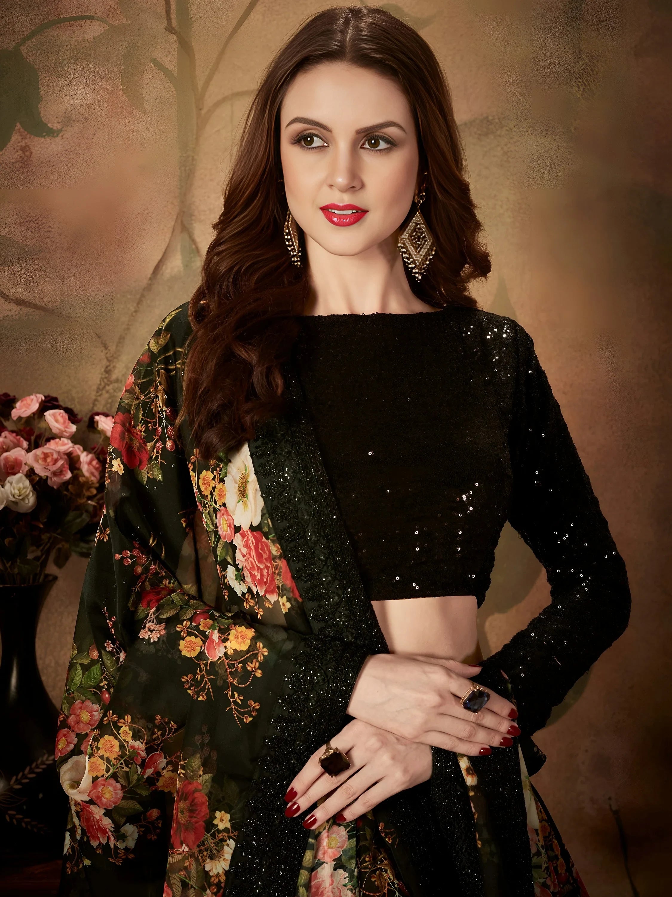 Black Floral Digital Printed Organza Party Wear Lehenga Choli