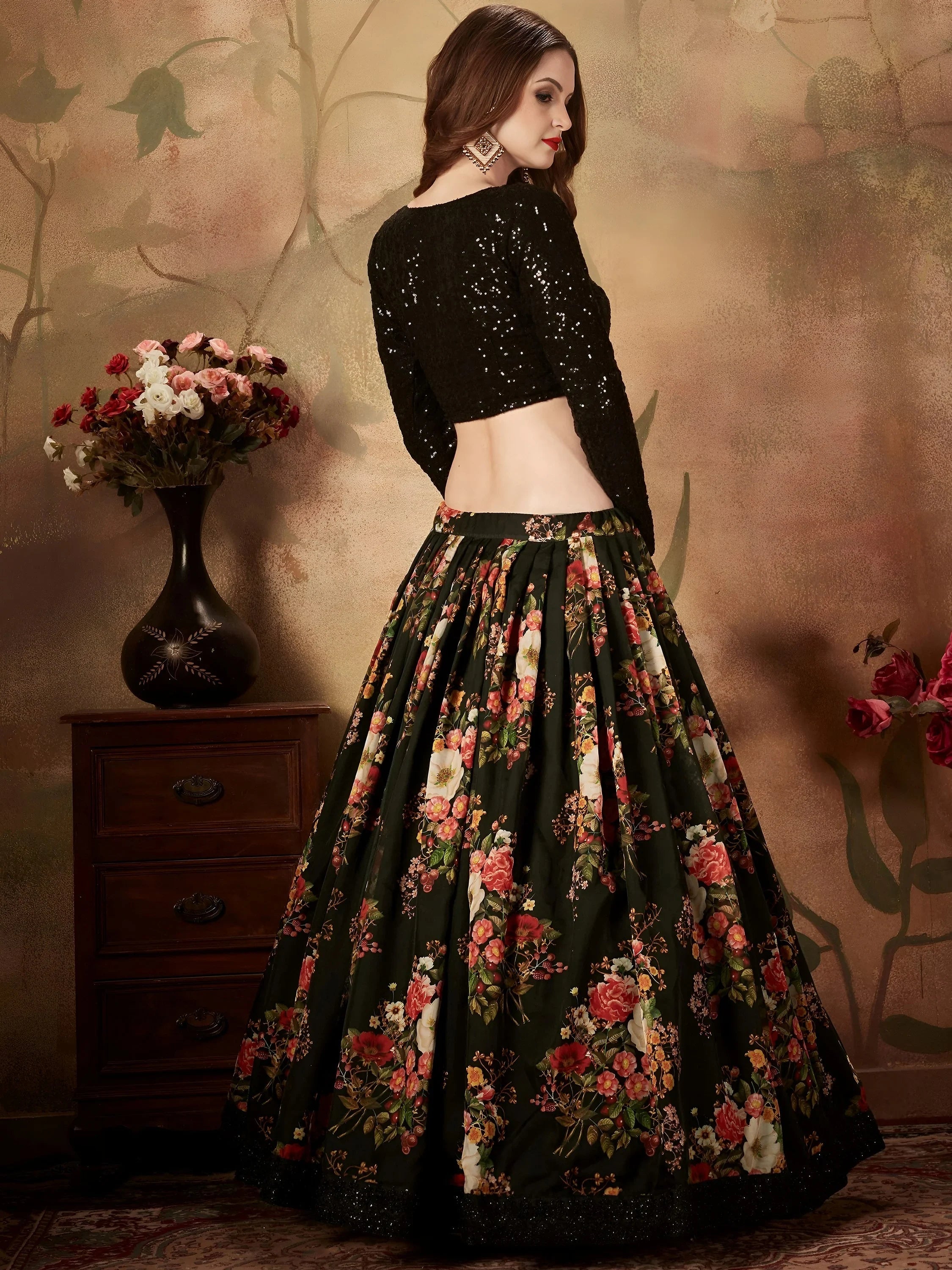 Black Floral Digital Printed Organza Party Wear Lehenga Choli