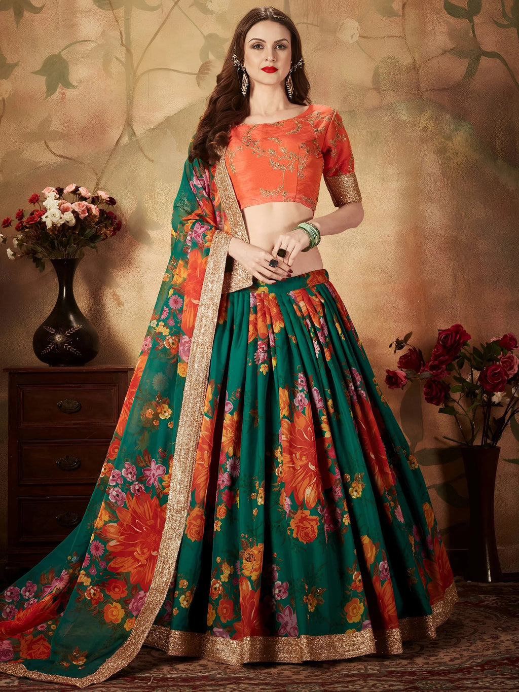 Green Floral Digital Printed Organza Bridal Lehenga Choli