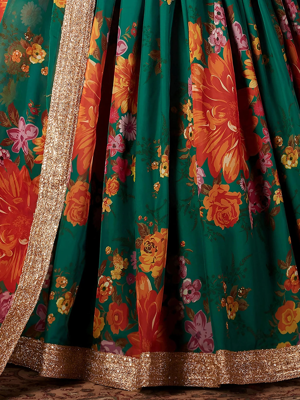 Green Floral Digital Printed Organza Bridal Lehenga Choli
