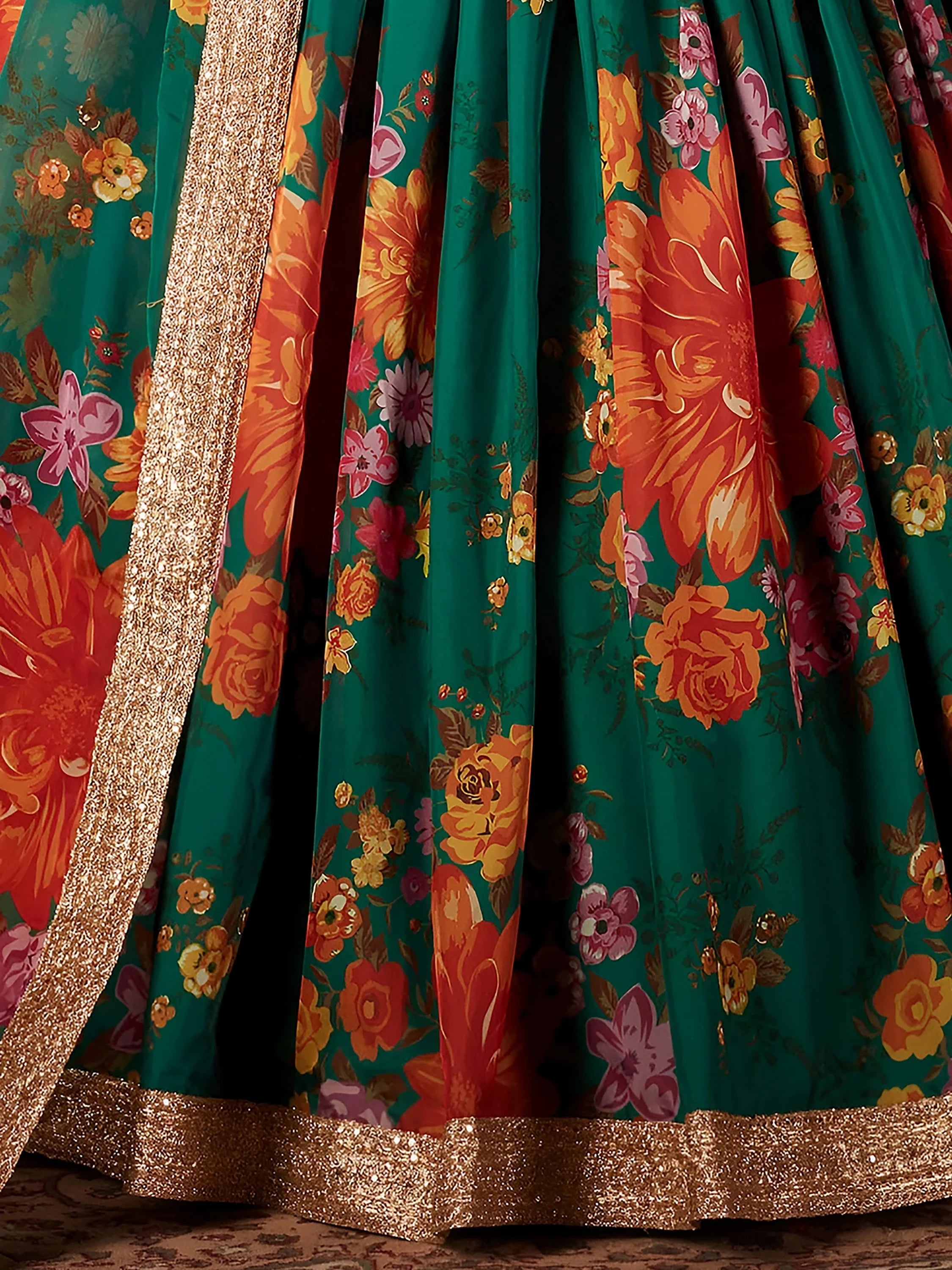 Green Floral Digital Printed Organza Bridal Lehenga Choli