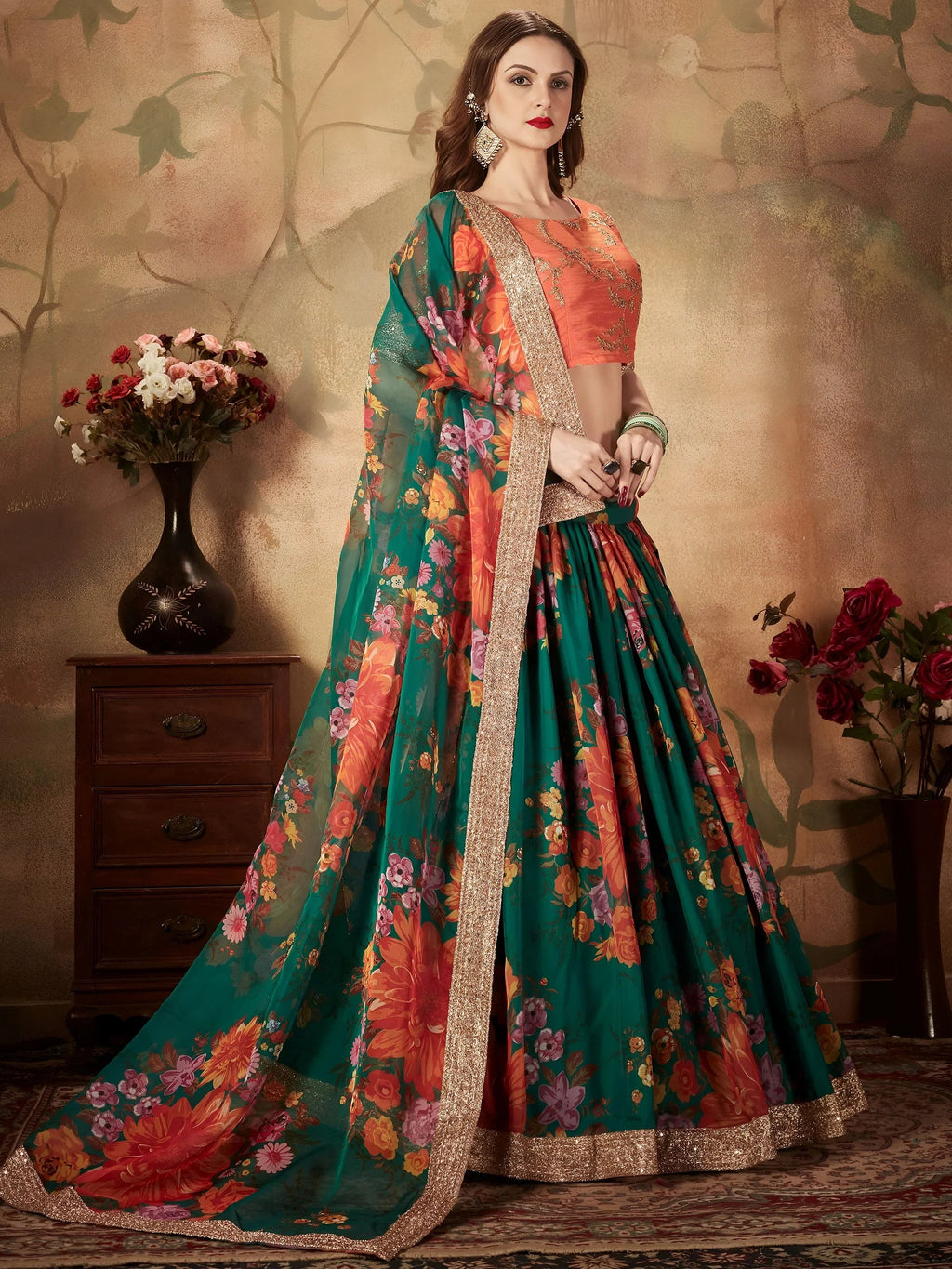 Green Floral Digital Printed Organza Bridal Lehenga Choli