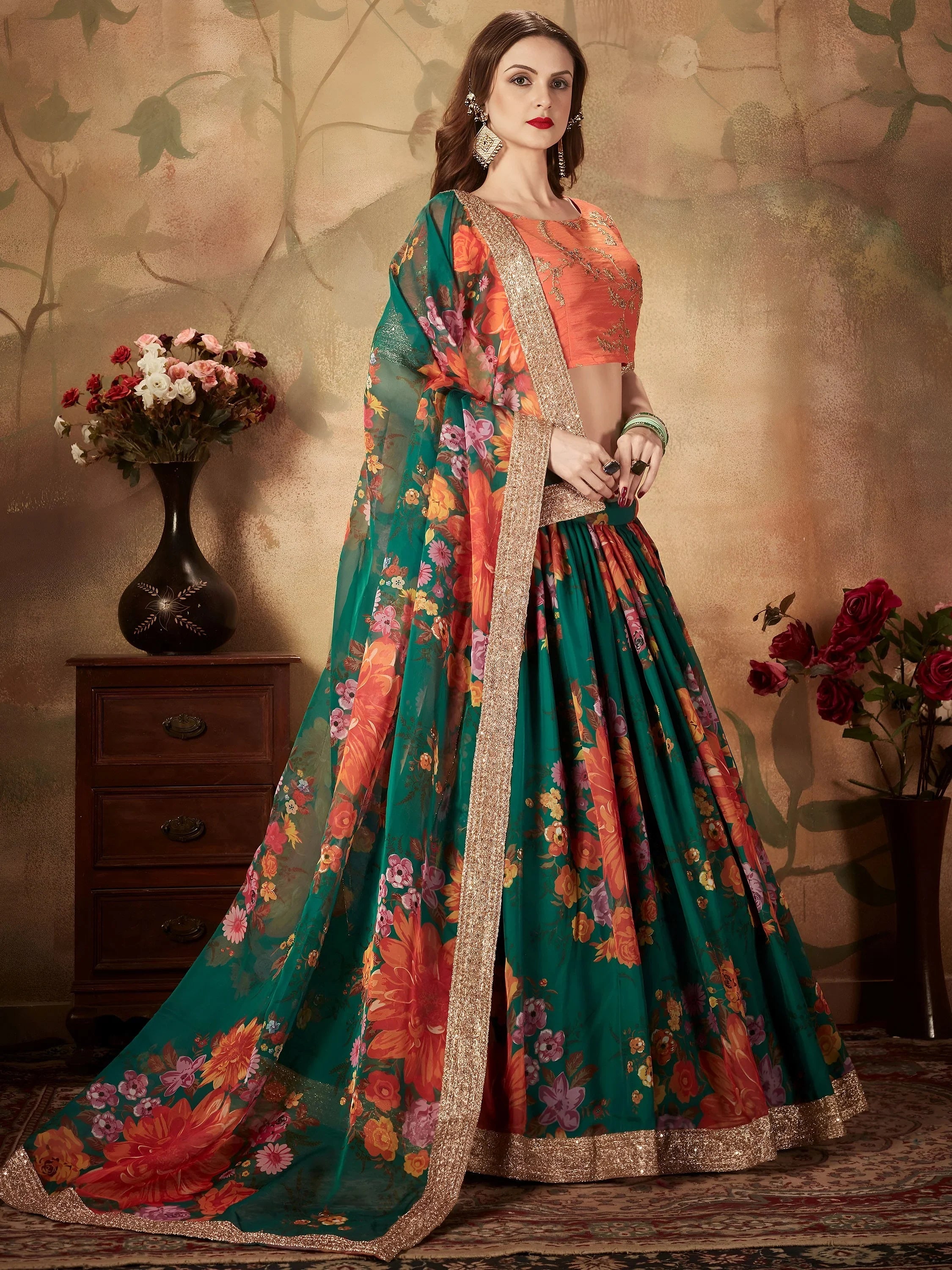Green Floral Digital Printed Organza Bridal Lehenga Choli
