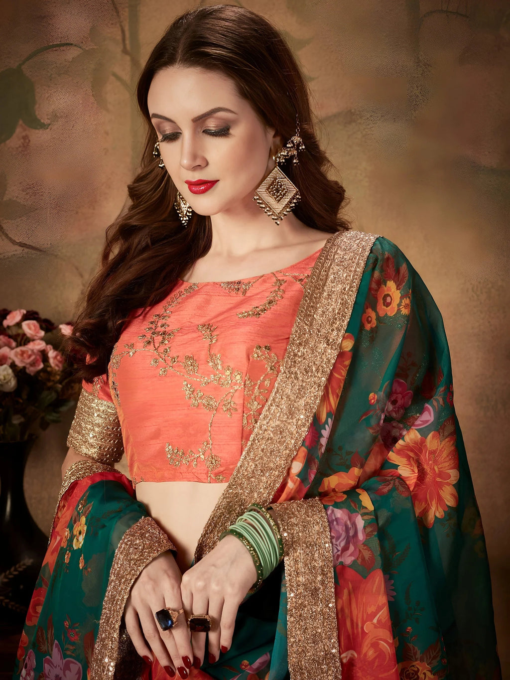 Green Floral Digital Printed Organza Bridal Lehenga Choli